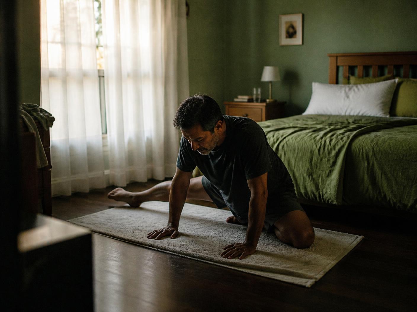 Homem brasileiro de quase 50 anos alongando o quadril em um tapete ao lado da cama, luz da manhã