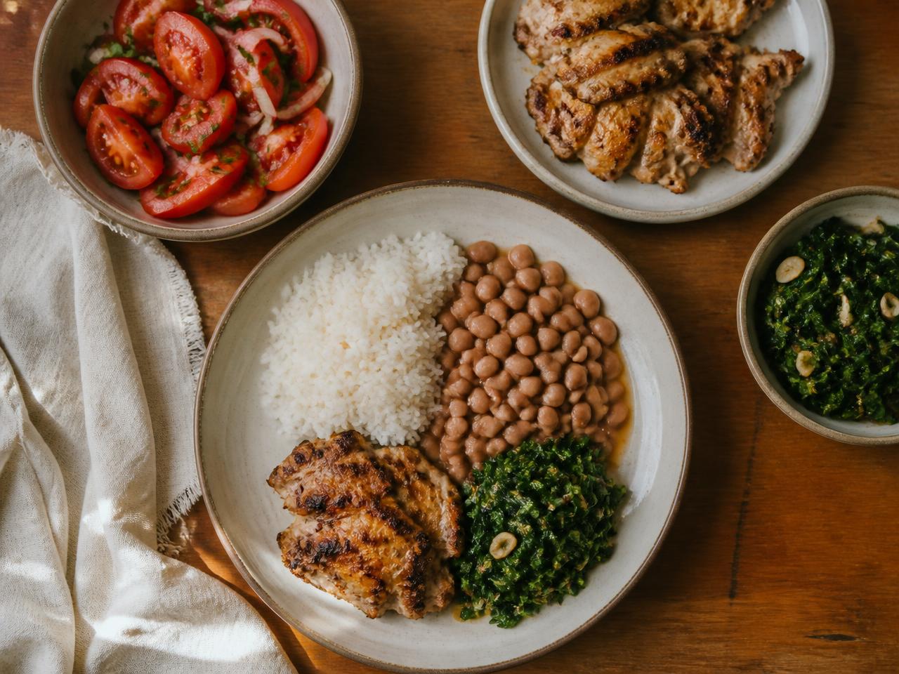 Prato brasileiro do dia a dia com arroz, feijão, frango grelhado, couve e salada de tomate