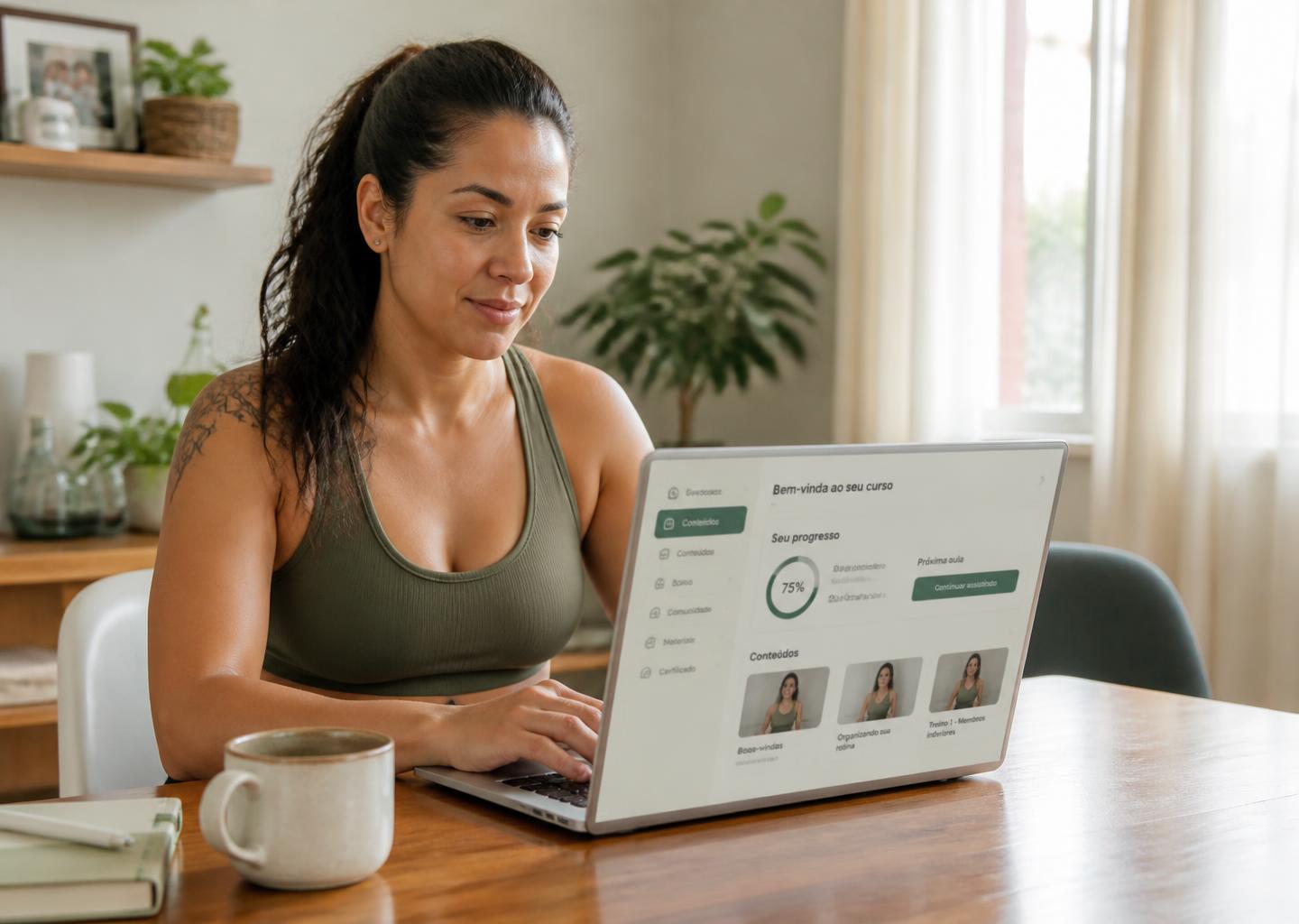 Especialista brasileira revisando o painel do seu curso em um notebook, em casa