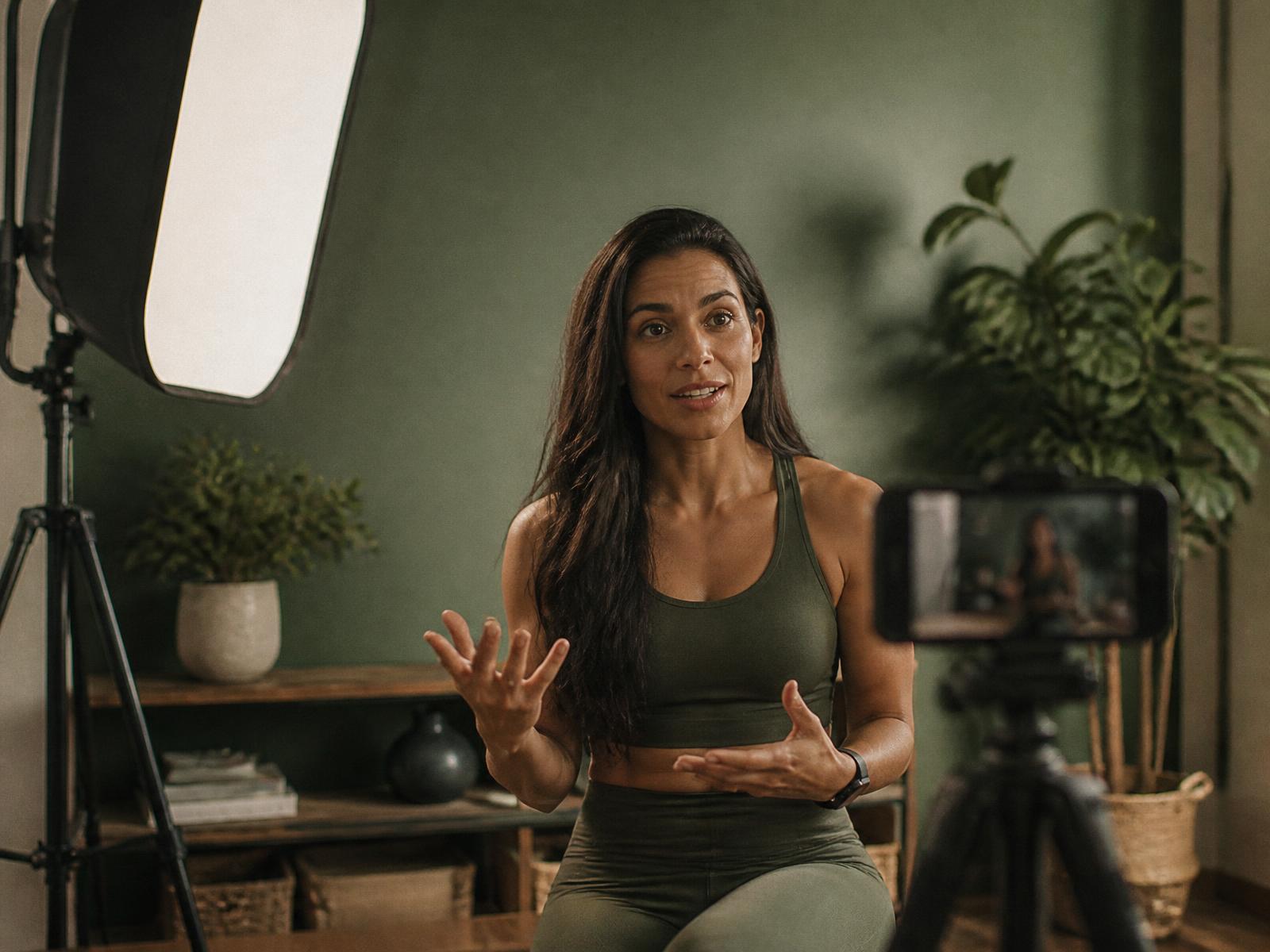Personal trainer brasileira gravando uma aula com câmera e luz em um estúdio simples
