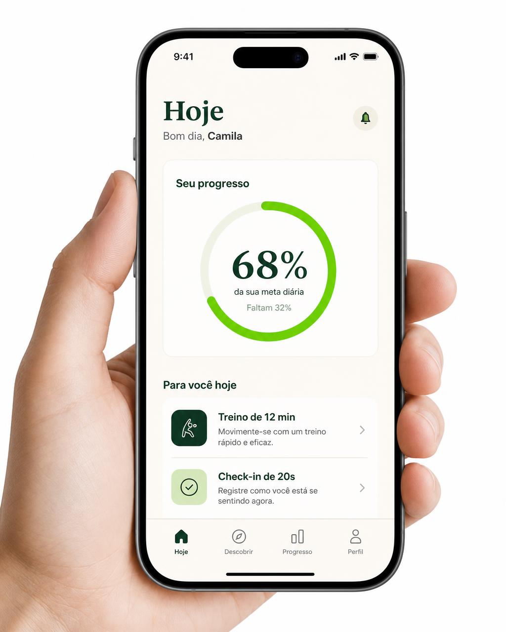 Tela TemQuem Hoje no celular, com anel de constância e treino de 12 minutos sugerido