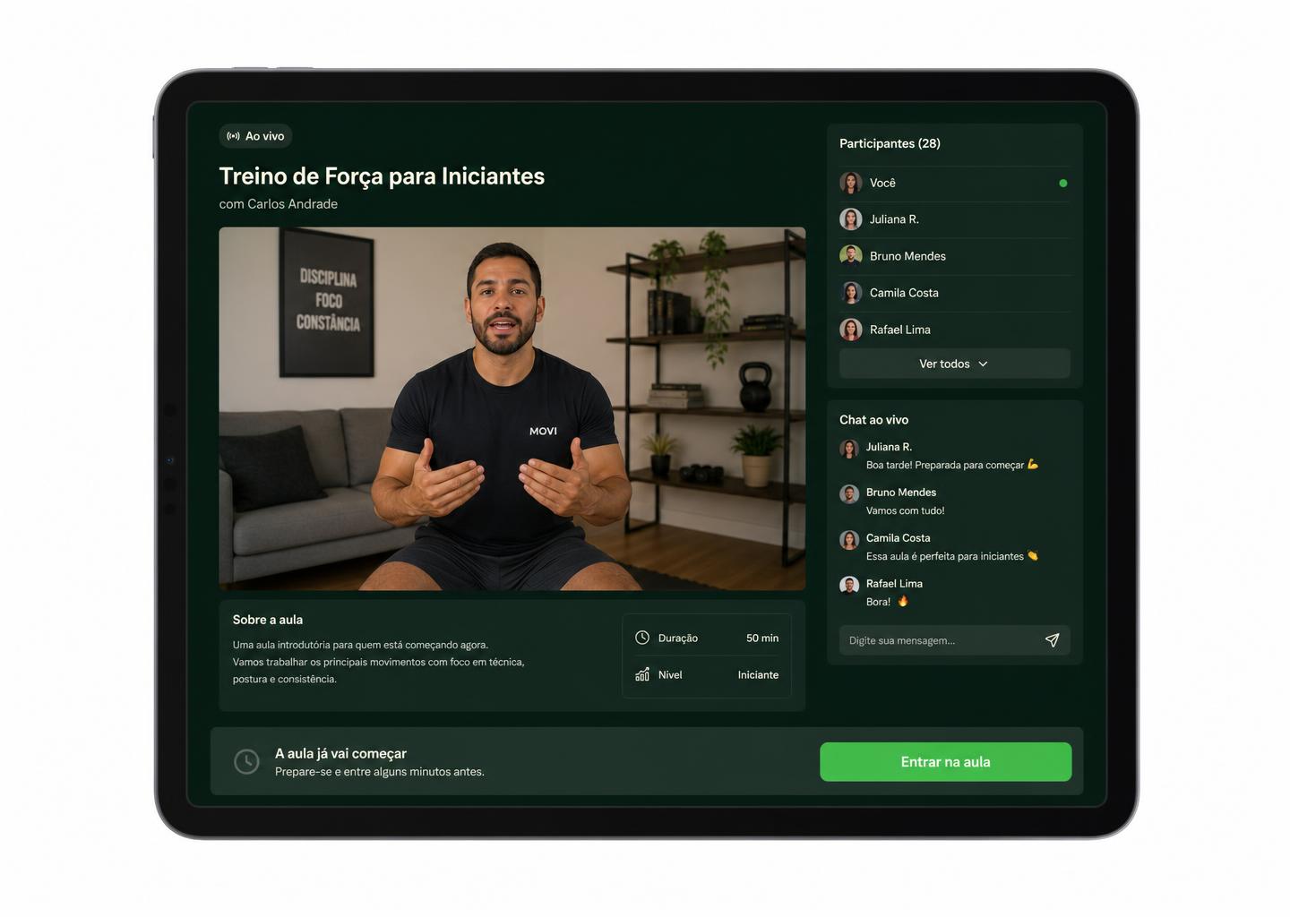 Interface de aula ao vivo da TemQuem, com treinadora, participantes e chat moderado