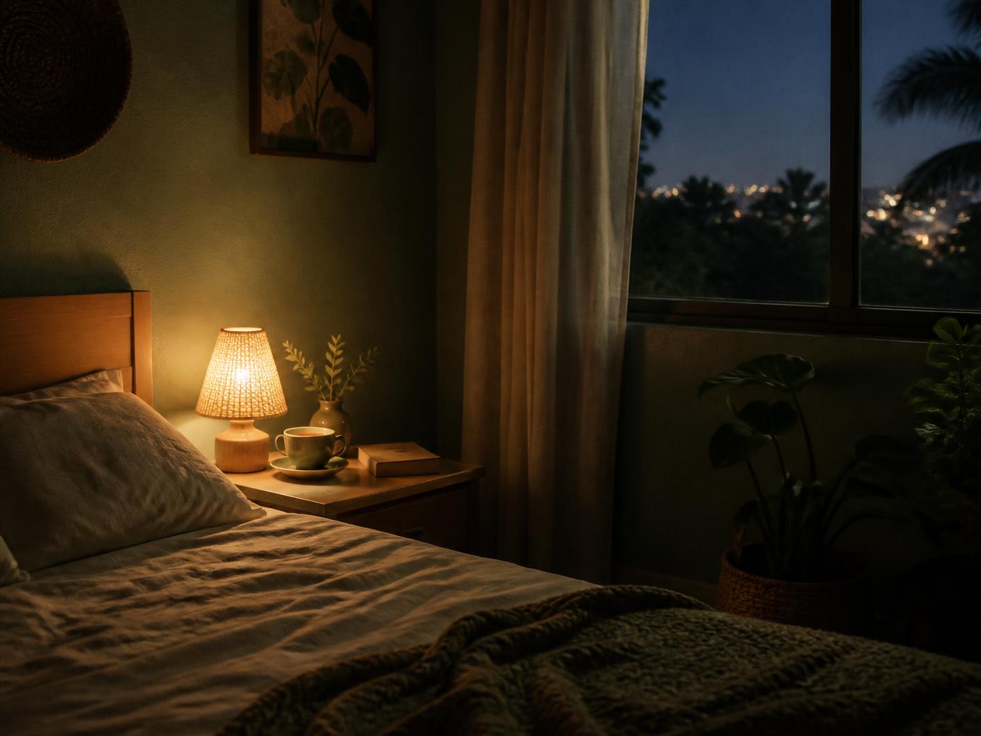 Quarto brasileiro à noite com abajur aceso, chá e livro na mesa de cabeceira