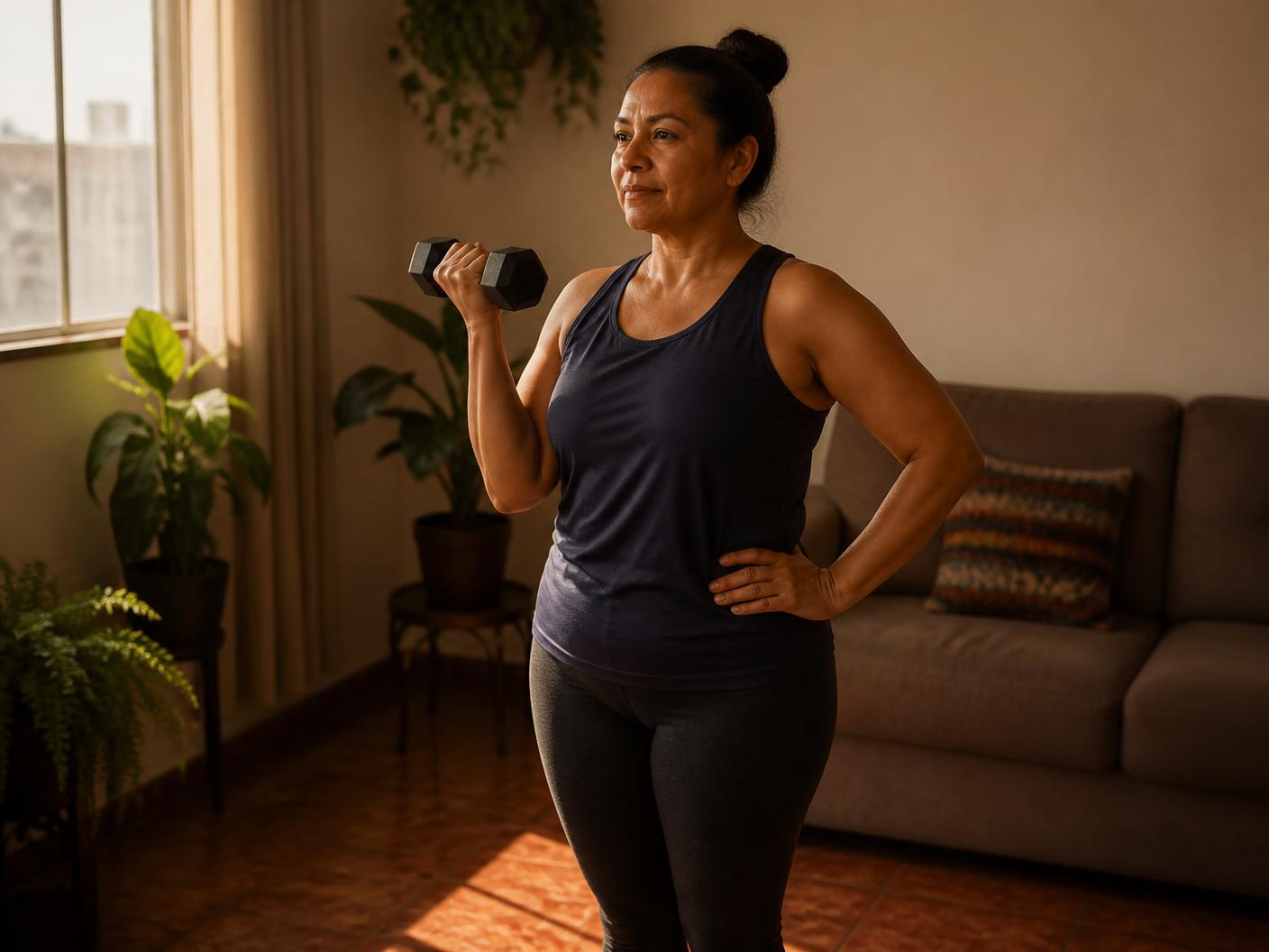 Mulher brasileira de quase 50 anos fazendo exercício de força com halter na sala de casa, luz do fim da tarde